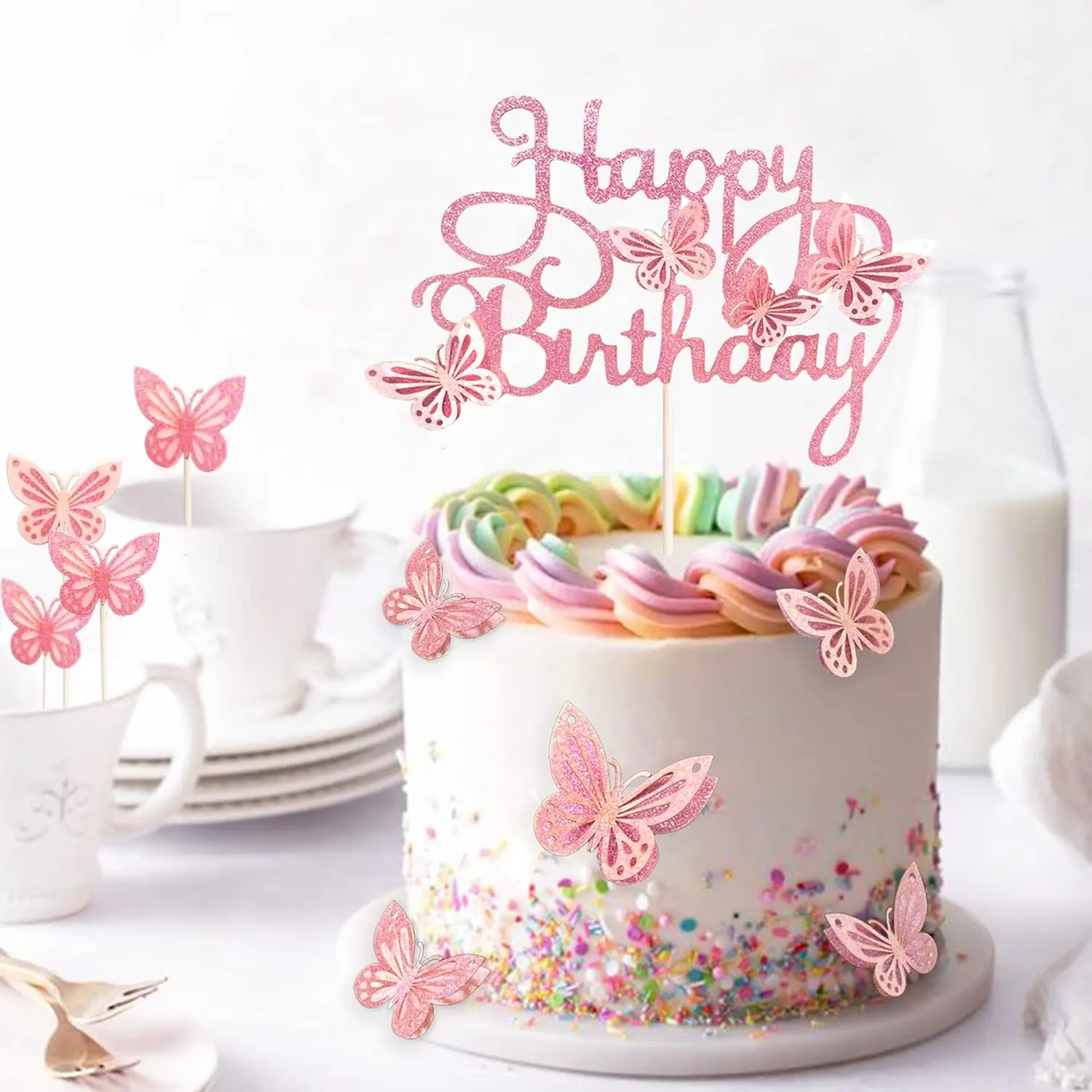 Xsstarmi Confezione da 25 decorazioni per torte a forma di farfalla glitterate, decorazioni per torte di compleanno, per matrimoni, baby shower, feste di compleanno per bambini, oro rosa