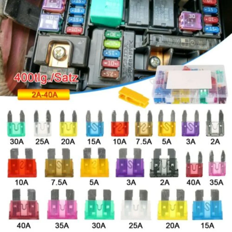 400pcs 2A-40A Car Fuse Small Medium Assorted Automotive Blade Type Aluminum Fuse with Box Clip for Car Truck Automotive