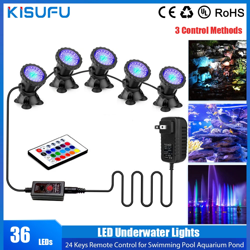 Waterproof RGB LED Underwater Lights IP68 36leds 24Keys Remote Control Swimming Pool Aquarium Pond Underwater Spot Light