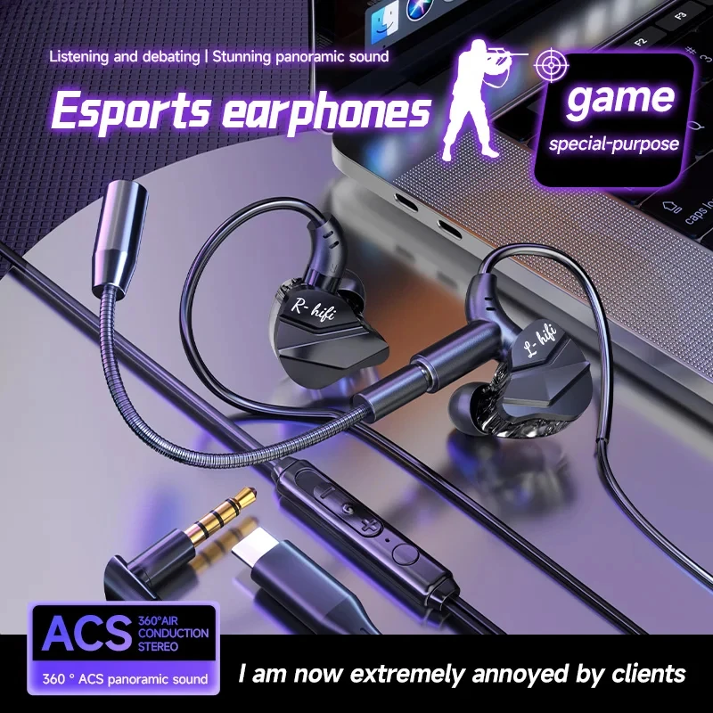 Cuffie da gioco per giocatori con doppi microfoni Typec e auricolari in-ear da 3,5 mm Cuffie stereo HiFi Sport con microfono per Samsung