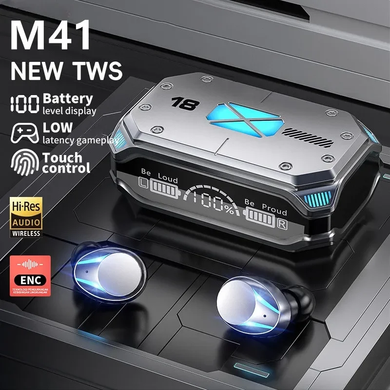 M41 TWS 무선 헤드폰 블루투스 이어폰, 터치 컨트롤, 소음 감소, 스테레오 방수 헤드셋, 마이크 포함 이어버드