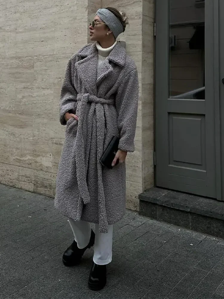 

Women Winter Lambswool Lapel Overcoat with Belts Female Elegant Long Sleeve Pockets Plush Coat 2023 Lady Fashion Warm Streetwear