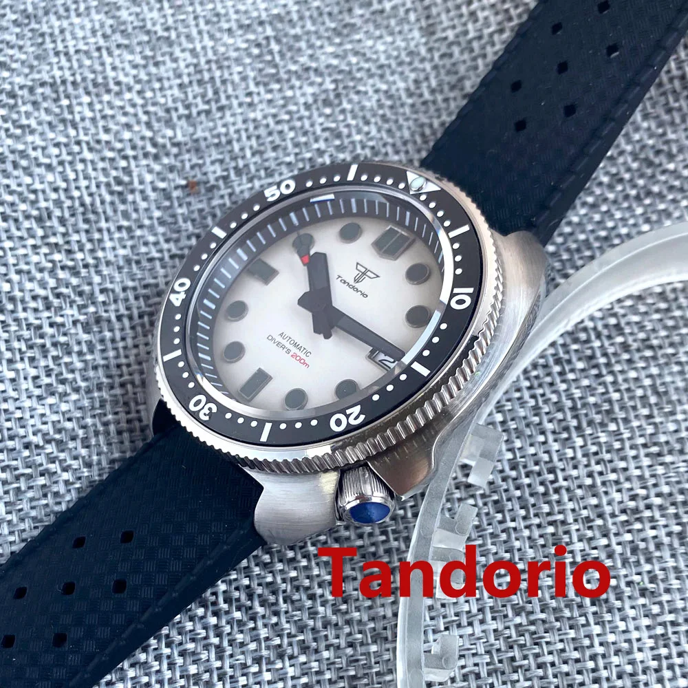 44mm Tandorio NH35A Automatic Movement Mens Watch 20ATM Diver Sapphire Glass Green Luminous Rubber/Stainless Steel Strap Date