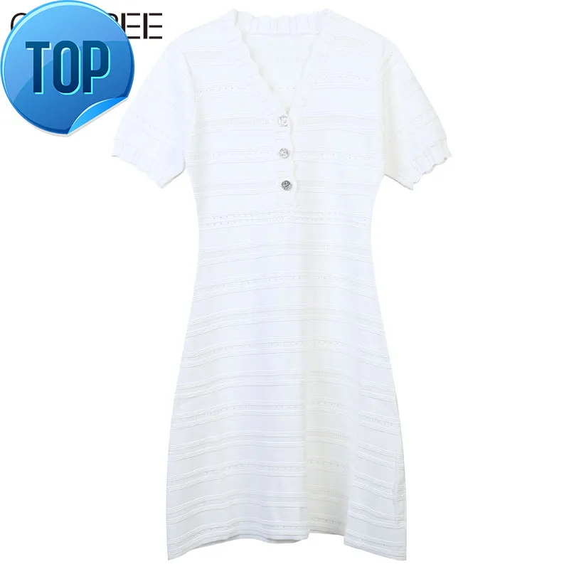 

Dresses Green White Black Knitted for Women 2023 Summer Vintage V-neck Short Sleeve Sweater Dress Mini Vestido Casual