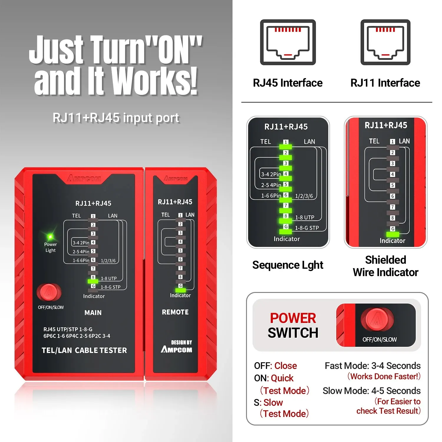 Network Cable Tester AMPCOM CAT5E CAT6 CAT6A CAT7 RJ45 Networking Lan Cable 8P8C POE RJ11 Telephone Line Continuity