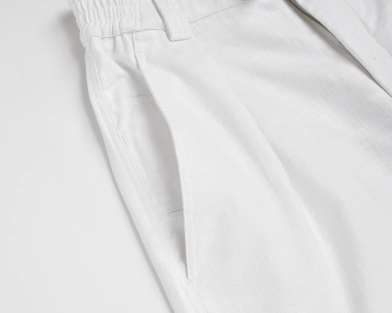 Weiße plissierte Leinen-Bermudashorts für Herren, klassische Passform, elastischer Bund, lässige knielange Sommerurlaub-Strandshorts – Detail 14