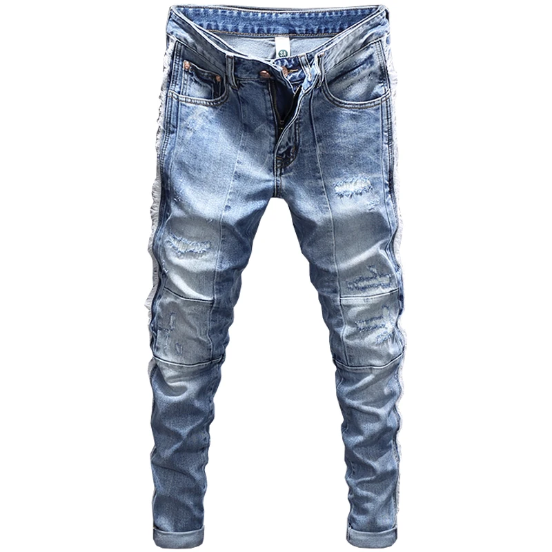 Street Fashion Men Jeans Retro Light Blue Elastic Stretch Skinny Ripped Jeans Men Spliced Designer Hip Hop Denim Pants Hombre