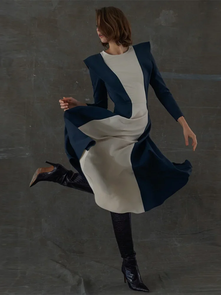 

Элегантное лоскутное платье контрастных цветов в рубчик, женское облегающее ТРАПЕЦИЕВИДНОЕ ПЛАТЬЕ С Длинным Рукавом, весна-лето 2024, весеннее однотонное женское платье с круглым вырезом