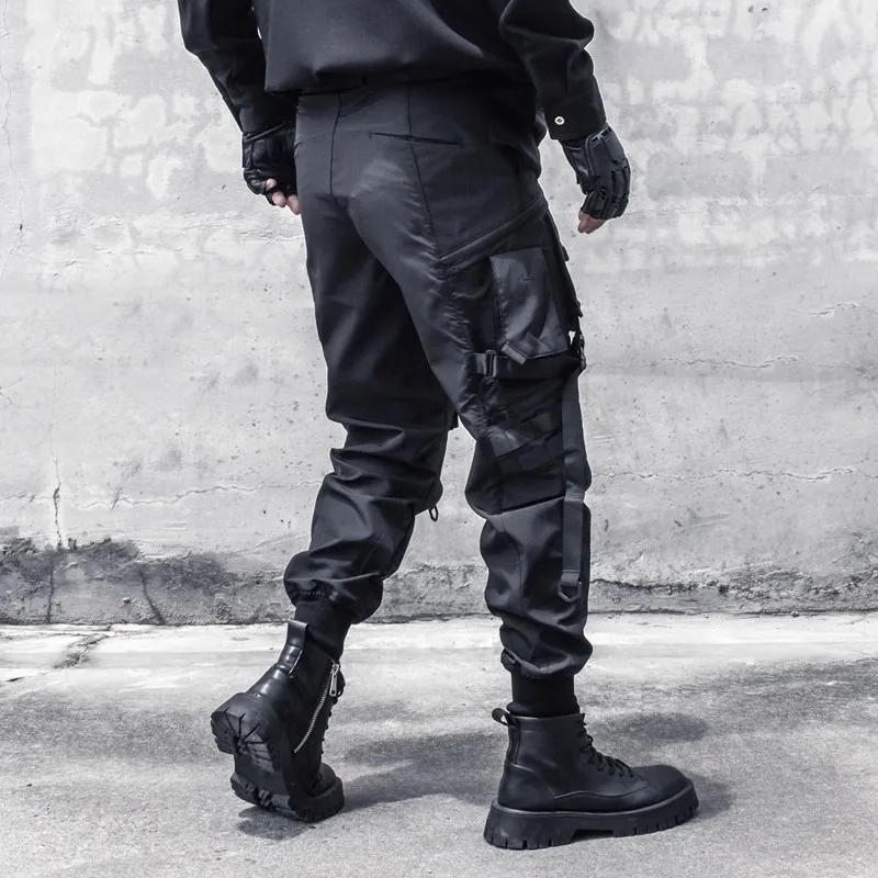 Techwear Functional Cargo Pants Men Fashion Tactical Ribbons Design Trousers 2025 Spring Hip Hop Streetwear Pants Black 2