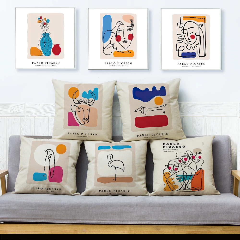 

Винтажная подушка для голубей с изображением лицевой Пикассо, Ранняя для дивана, домашнего автомобиля, льняная наволочка в скандинавском стиле, декоративный чехол для подушки с геометрическим рисунком