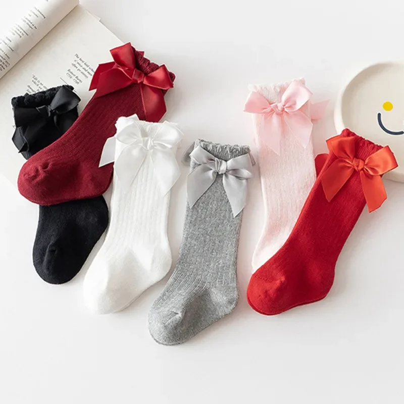 Red Bow Tie Knee High Tube Socks Girls' Christmas Stockings Infants Toddlers Soft Cotton Children Non Slip Floor Socks Baby Gift