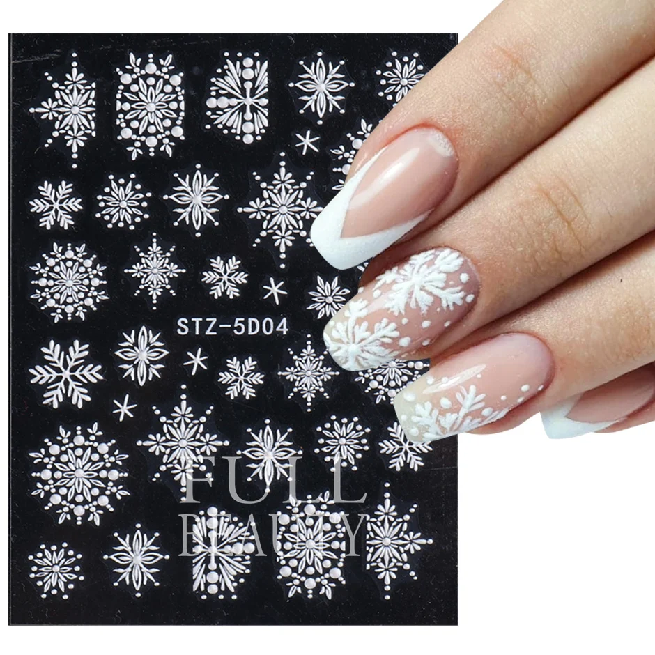 8pcs 5D White Snowflake Nail Stickers Set Embossed Acrylic Nails