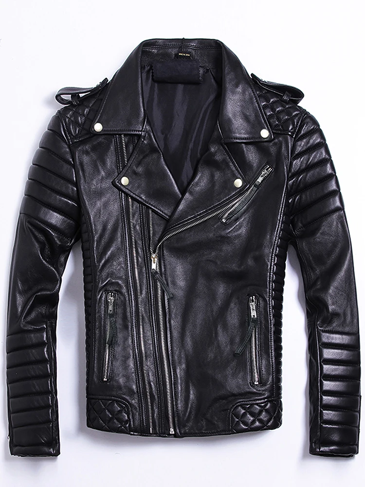 

Spring Autumn Fall Fashion Men's Genuine Leather Coat Natural Real Sheepskin Jacket Motorcyclist Outerwear Cloth Black XXXL 3XL