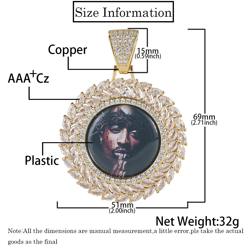 Hip Hop Iced Out Jewelry Picture Custom Pendant Blank Zircon Medallion Photo Necklace Free Item Engraving Logo And Shipping