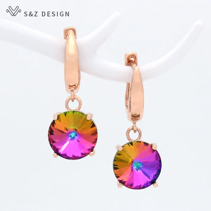 S&Z DESIGN New Colorful Round Large Crystal Dangle Earrings For Women Wedding Jewelry Fashion 585 Rose Gold Color Eardrop Gift