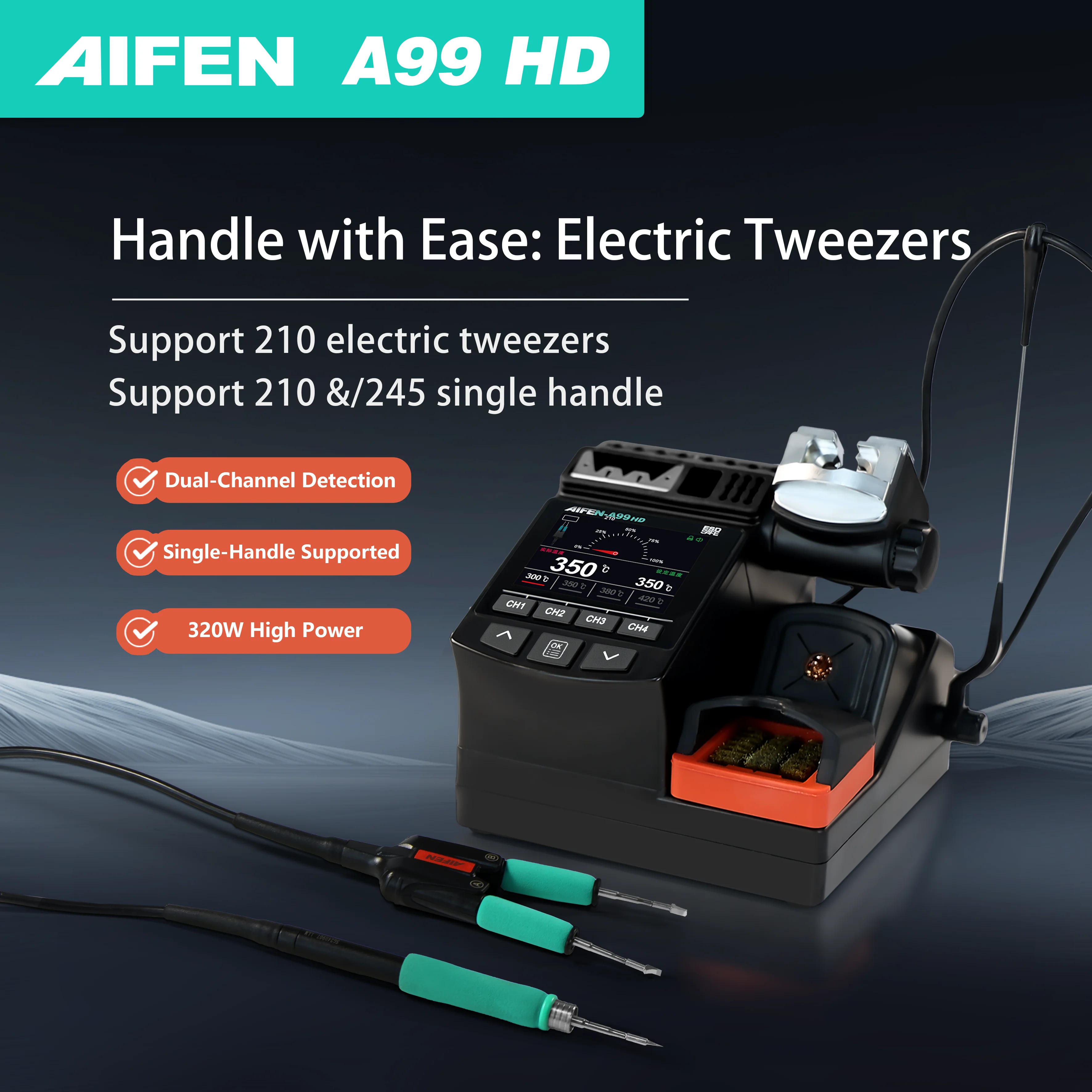 AIFEN-A99HD Precision Tweezers Soldering Station Double-Head Clip-Type Soldering Iron 210/245 Handle Rework Station