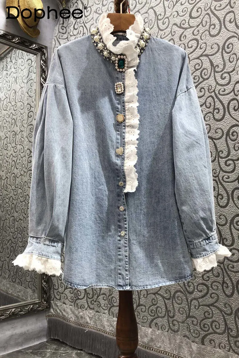 High-End Heavy Beads Diamond Lace Stitching Blue Denim Shirt Women 2023 Spring New Loose Casual Single-Breasted Blouse Top Femme 6mm blue crystal spacer rondelle beads findings jlm8