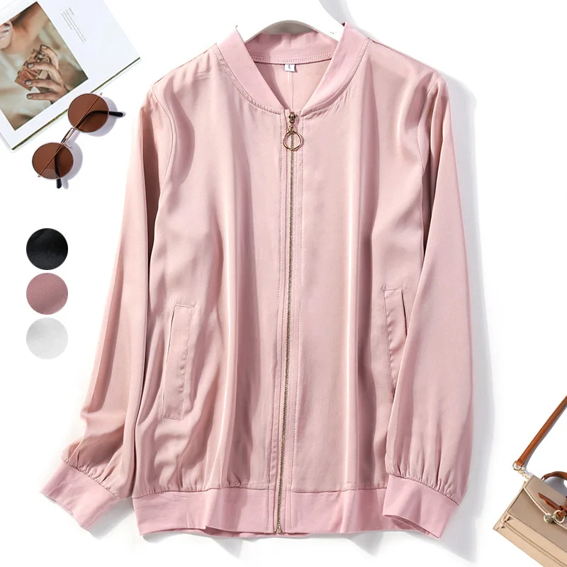 

Women 92% Mulberry Silk 8% Spandex 19 momme crepe silk soild colors white black pink blue zip up bomber Jackets Coat Top 8168