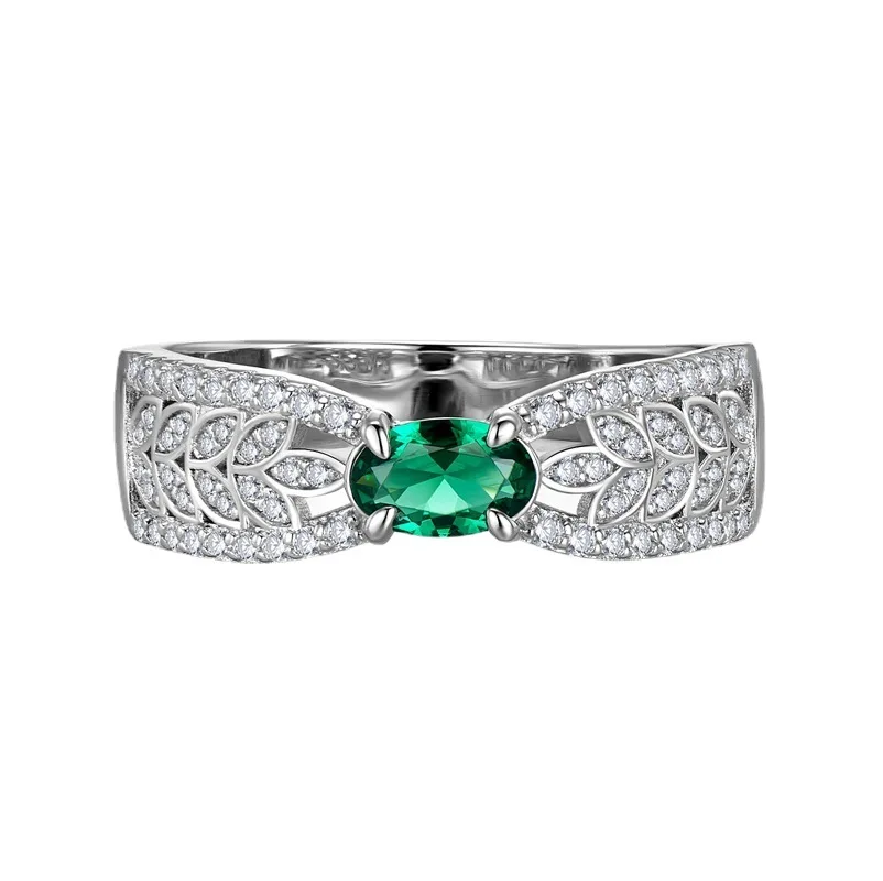 

Sterling Silver Wheat Ear Hollowed Out Ribbon 4 * 6 Emerald Ring for Female Niche Design, Luxurious and Three-dimensional Insets