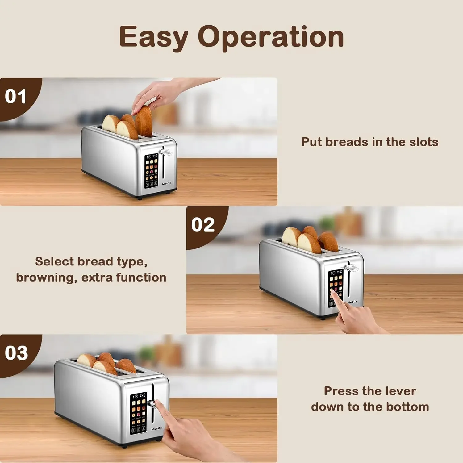 4 Slice Toaster Touch Screen 1.5" Long Slot Stainless Steel Smart Bread Toaster for Bagel Muffin Waffle Gluten Free Breads Timer 6