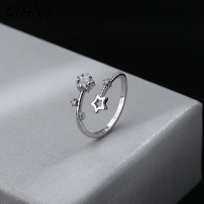 Silver Rings CIAXY Silver Color Hollow Five-pointed Star Rings for Women Flower Vine Adjustable Ring Inlaid Zircon Wedding Jewelry
