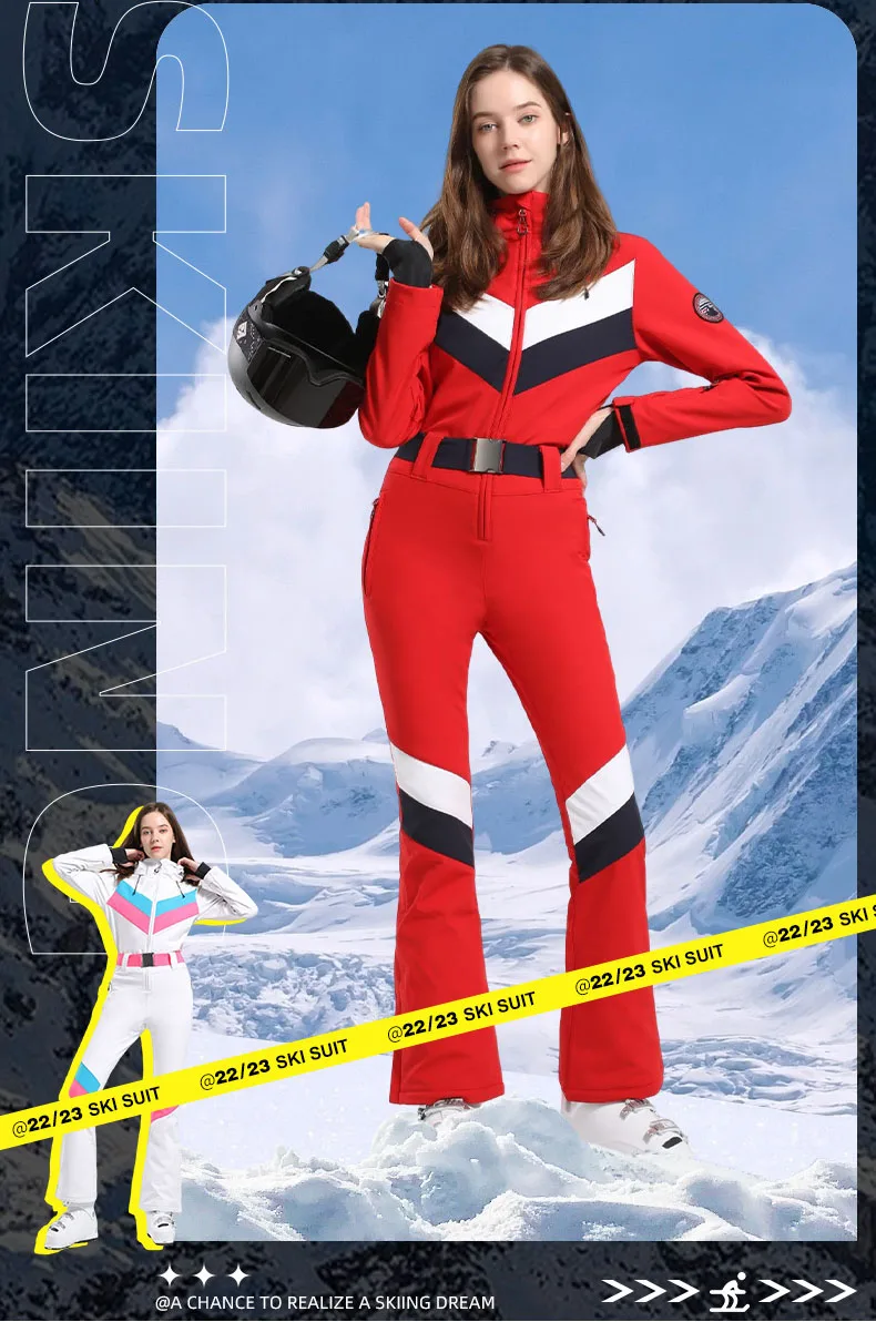 Winter Ski Jumpsuit Women Snowboard One Piece Ski Suit Waterproof Windproof  Thicken Warm Hooded Waistband for Mountain Hiking