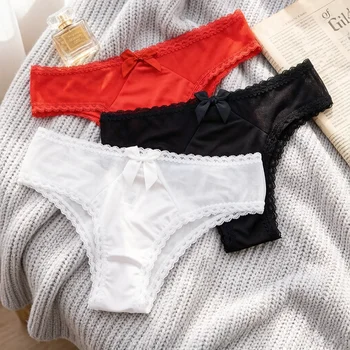 3 pezzi di slip da donna in pizzo con fiocco, slip a vita bassa in raso, biancheria intima morbida e traspirante, colori misti nero bianco rosso