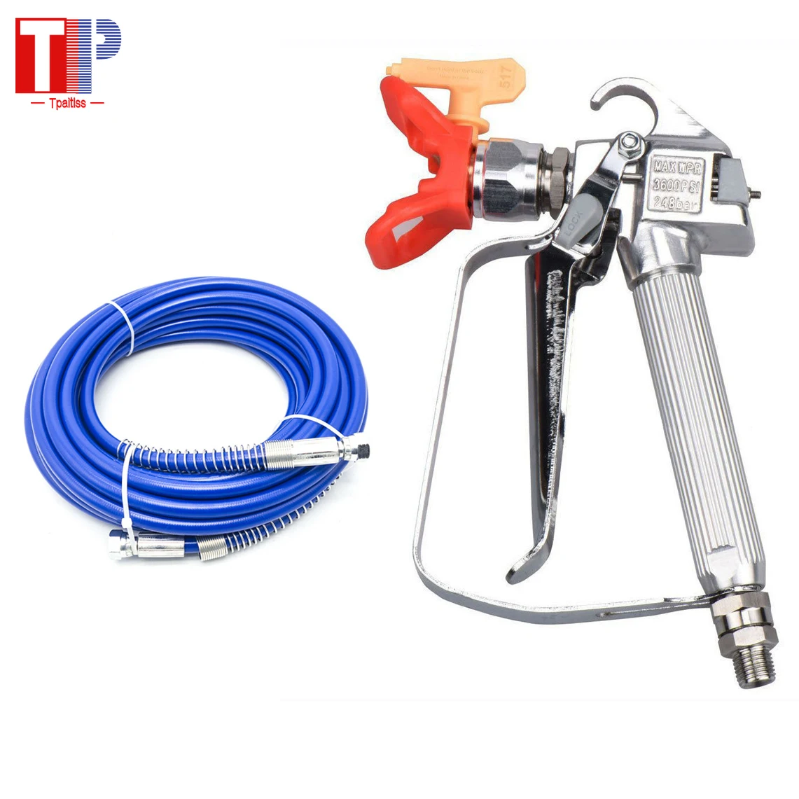 Tpaitlss 3600psi Airless Paint Spray Gun With 517 Tip And Hose Flexible