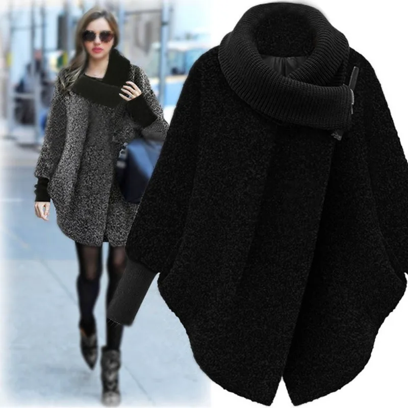 New Winter Fashion Women's Loose Warm High-neck Woolen Coat Loose Long-sleeved Woolen Coat