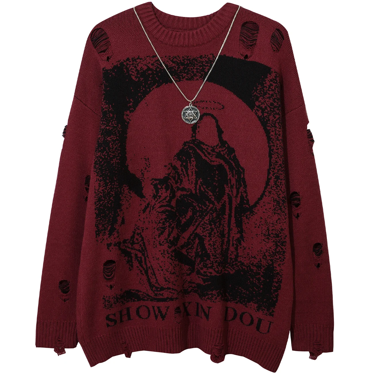 

11 BYBB'S DARK Harajuku Dark God Print Ripped Hole with Chain Knit Sweater Pullover Streetwear Gothic Oversize Loose Sweater Top