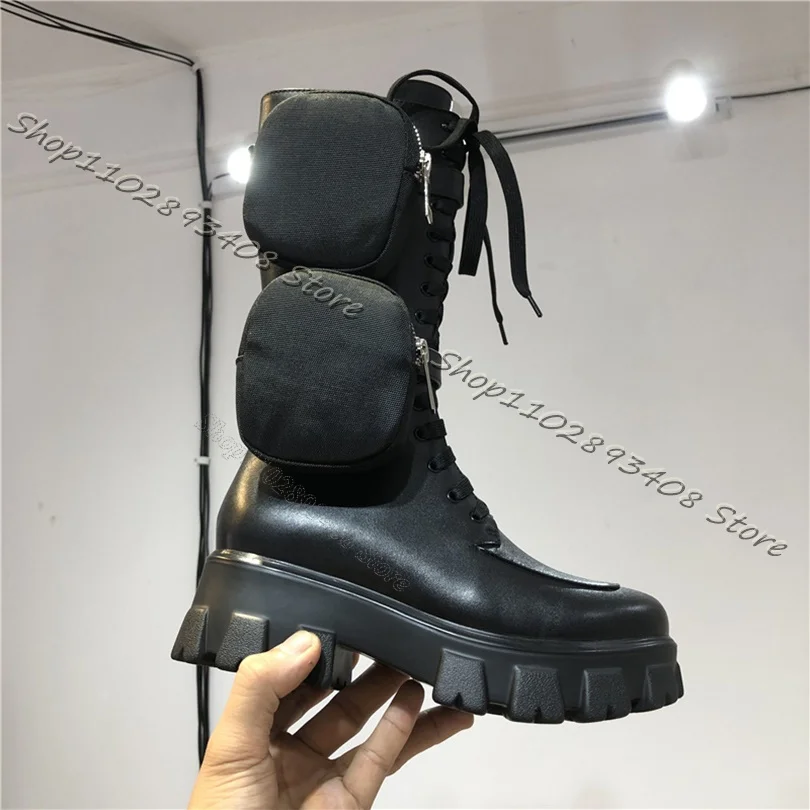 

Black Lace up Motorcycle Boots Round Toe Zipper Bag Decor Women Combat Boots Fashion Platform Knight Boots Zapatos Para Mujere