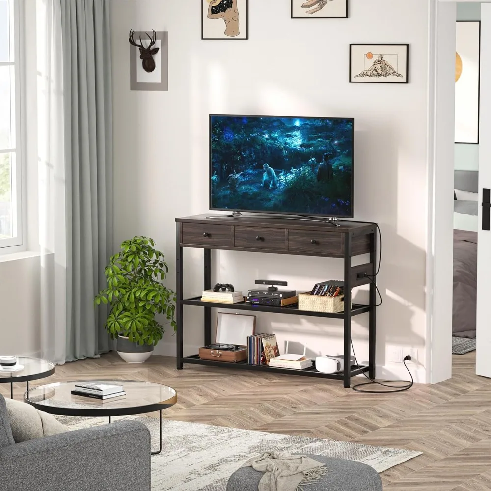 47'' Entryway Table with Outlets & USB Ports, 3 Drawers, Storage Shelves for Living Room, Black Walnut