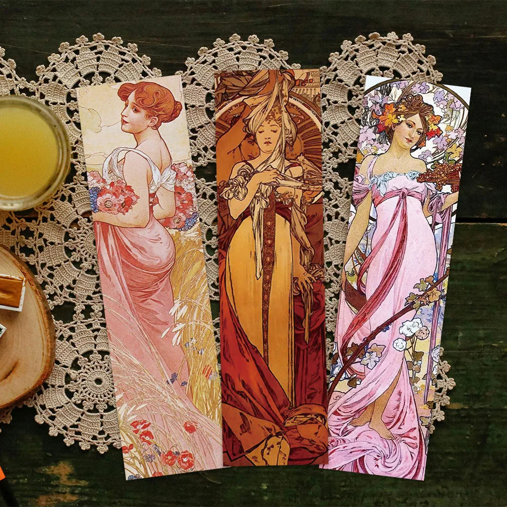 Retro Aesthetic Mucha Girls Paper Bookmarks - 30pcs for Students and Office Users