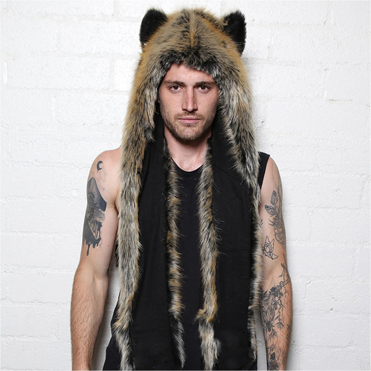 Cosplay White Tiger Winter Faux Fur Hoods Animal Hat Scarf Gloves 3 in1 Fleece Hooded Plush Warm Earmuff Warcraft Cap