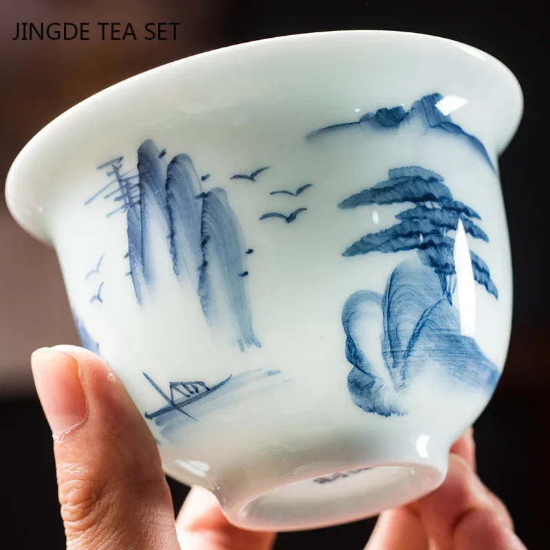 Chinese Blue and White Porcelain Gaiwan Fair Cup Hand Painted Landscape Pattern Ceramic Tea Bowl Teacup Home Teaware Accessories