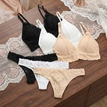 Set Reggiseno e Slip in Pizzo da Donna con Scollo a V, Motivo Floreale, Tinta Unita, Vita Bassa, Perizoma e Tanga in Pizzo