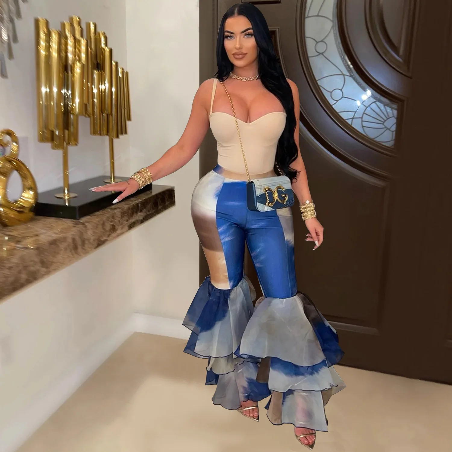 

Casual Tie-dye Ruffle Pants Women Fashion Printed Bodycon Ruched Puffle Flare Pants Trousers Women