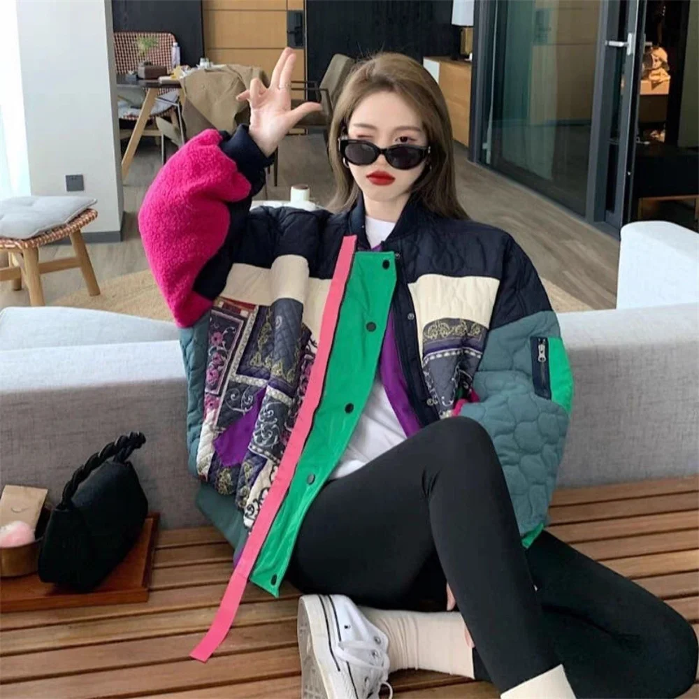 Contrast Color Patchwork Baseball Jersey With Lamb Wool Loose Fitting Women's Winter 2023 New Coat Trend