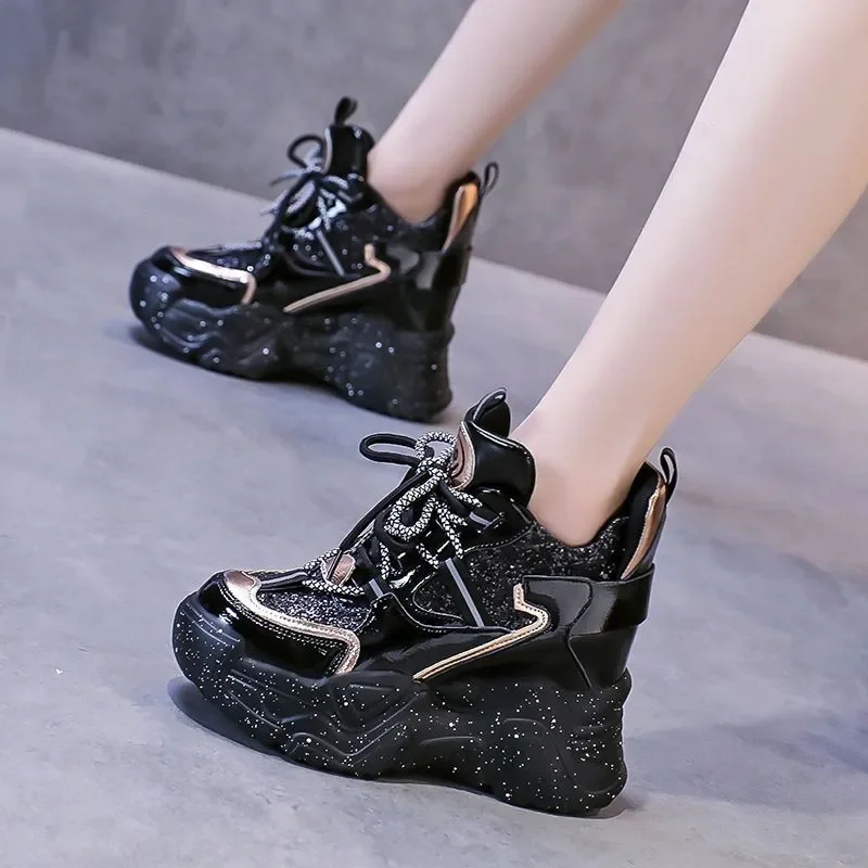 Women's Platform Sneakers 2022 Autumn Shiny Women's Slope Heel Casual Shoes Fashion High Heel Sneakers Zapatos Mujer