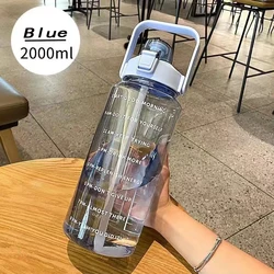 Large Capacity 2L Water Bottle with Time Marker and Straw - Portable Fitness and Travel Hydration Solution - 2000ml (Blue)