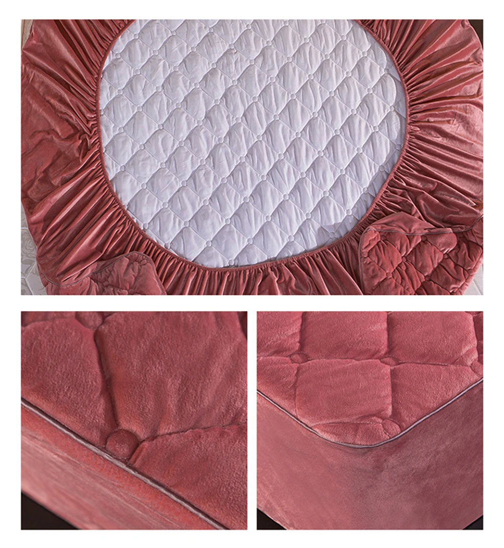Coral FleeceThicken Quilted Mattress Cover Short Plush Quilted Bed Fitted Sheet Queen Double Bed Cover Not Including Pillowcase