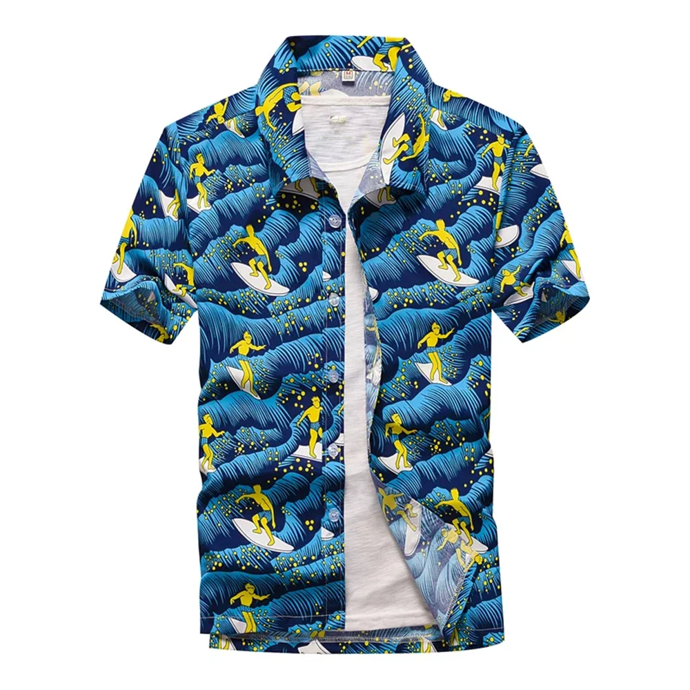 Summer Breathable Hawaiian Shirts Men Coconut Tree Printed Short Sleeve Button Down Vacation Plus Size