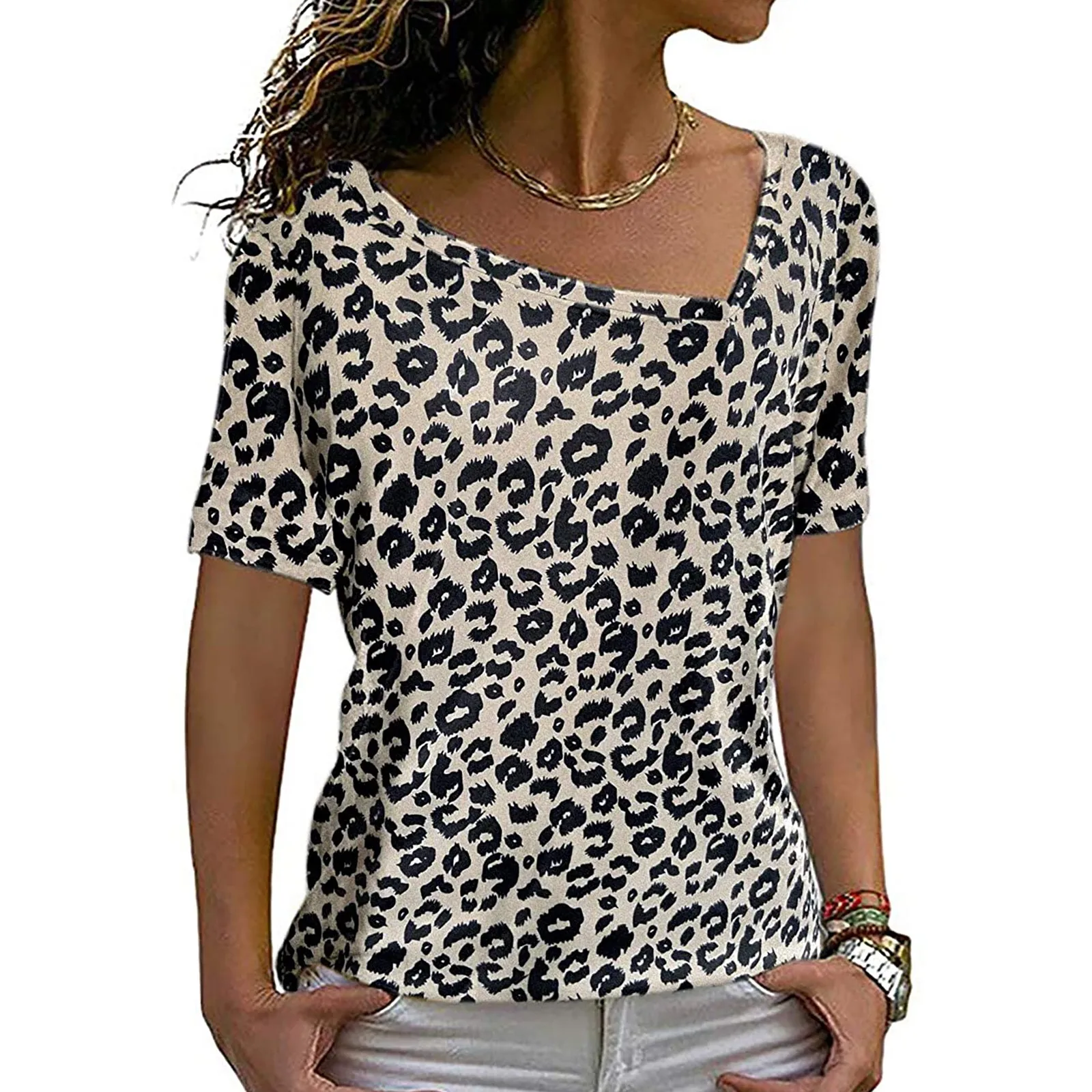 Boho Shirts Womens Floral Leopard Print Blouse Retro Short Sleeve Pullovers Vantage Square Neck Tees Female Camisas Blusas