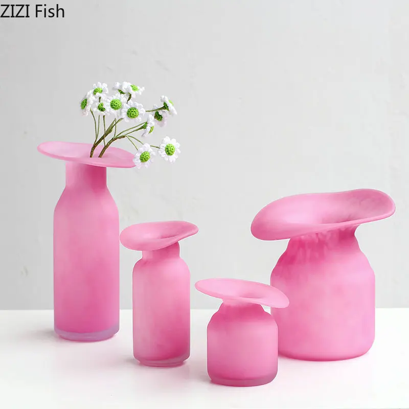 Matte Pink Glass Vase Decorative Flowers Arrangement Desk Decoration Irregular Bottle Mouth Flower Pots Floral Vase Modern Decor 4