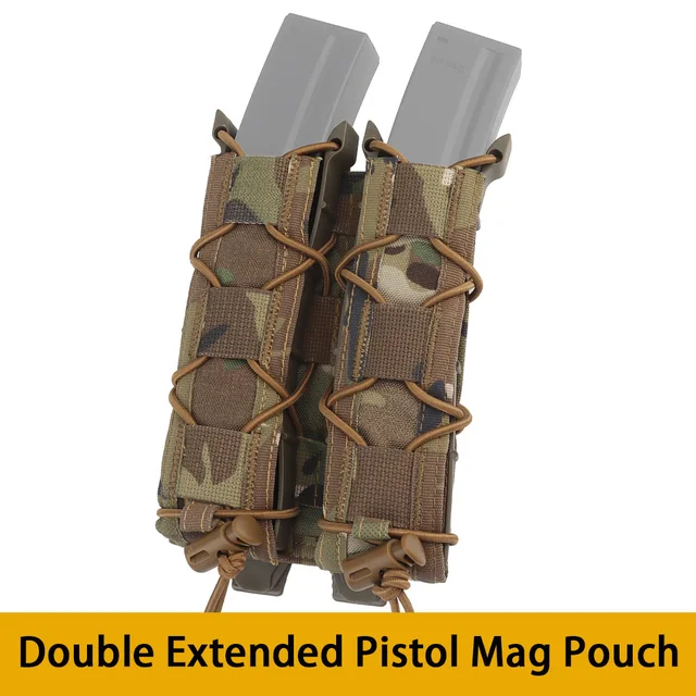 Tactical Double Extended Pistol Mag Pouch Quick Pull Long Magazine Bag 9mm MP5 MP7 MP9 Handgun Flashlight Holder Vest MOLLE/PALS