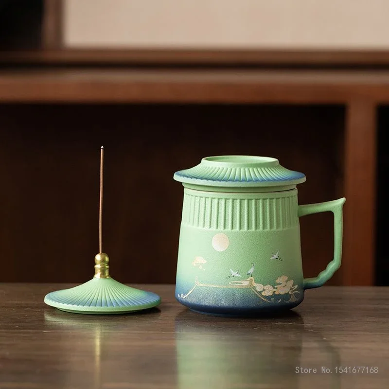 Creative Ceramic Tea Cup with Cover, Chinese Style Crane Pattern Office Supplies, Handle Teacup Separation Filter Water Mug, 1Pc