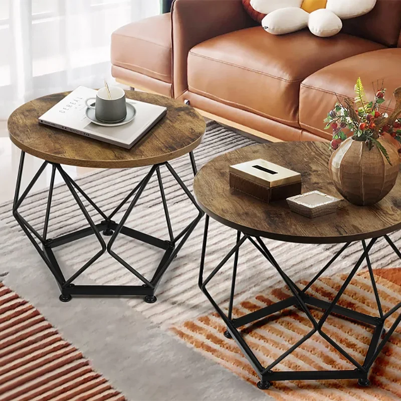 Nordic Light Luxury Steel-wood Coffee Table Two-piece Set Wrought Iron Solid Wood Round Coffee Table Home Low Living Room