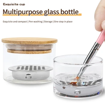 Tazza per penna per lavaggio unghie Tazza di cristallo di vetro Tazza per filtro a rete in acciaio inossidabile Strumento per pennello per trucco con paillettes