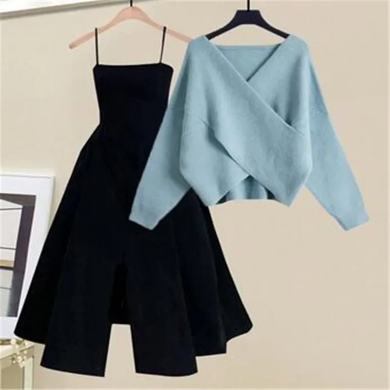 

Spring and Autumn Set Women's 2023 New Korean Fashion Cross Knitted Sweater Age Reducing Sling Dress Two Piece Set