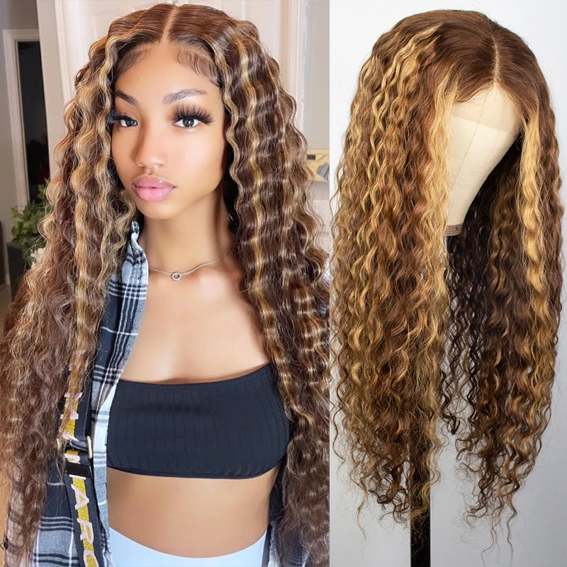 30inch Ombre Highlight Wig Deep Wave 13x4 HD Lace Front Wigs Deep Curly